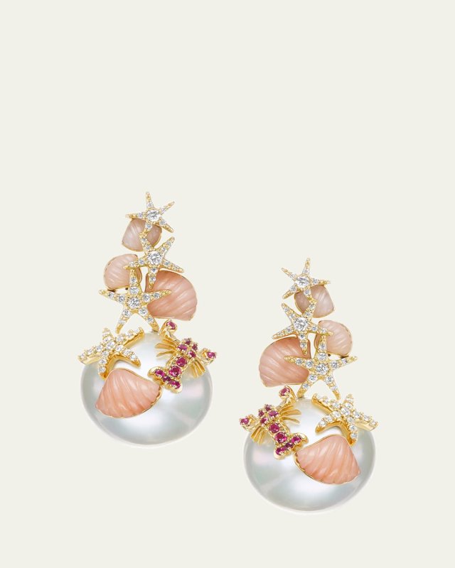 18K Yellow Gold Pearl Drop Earrings with Diamonds and Rubies